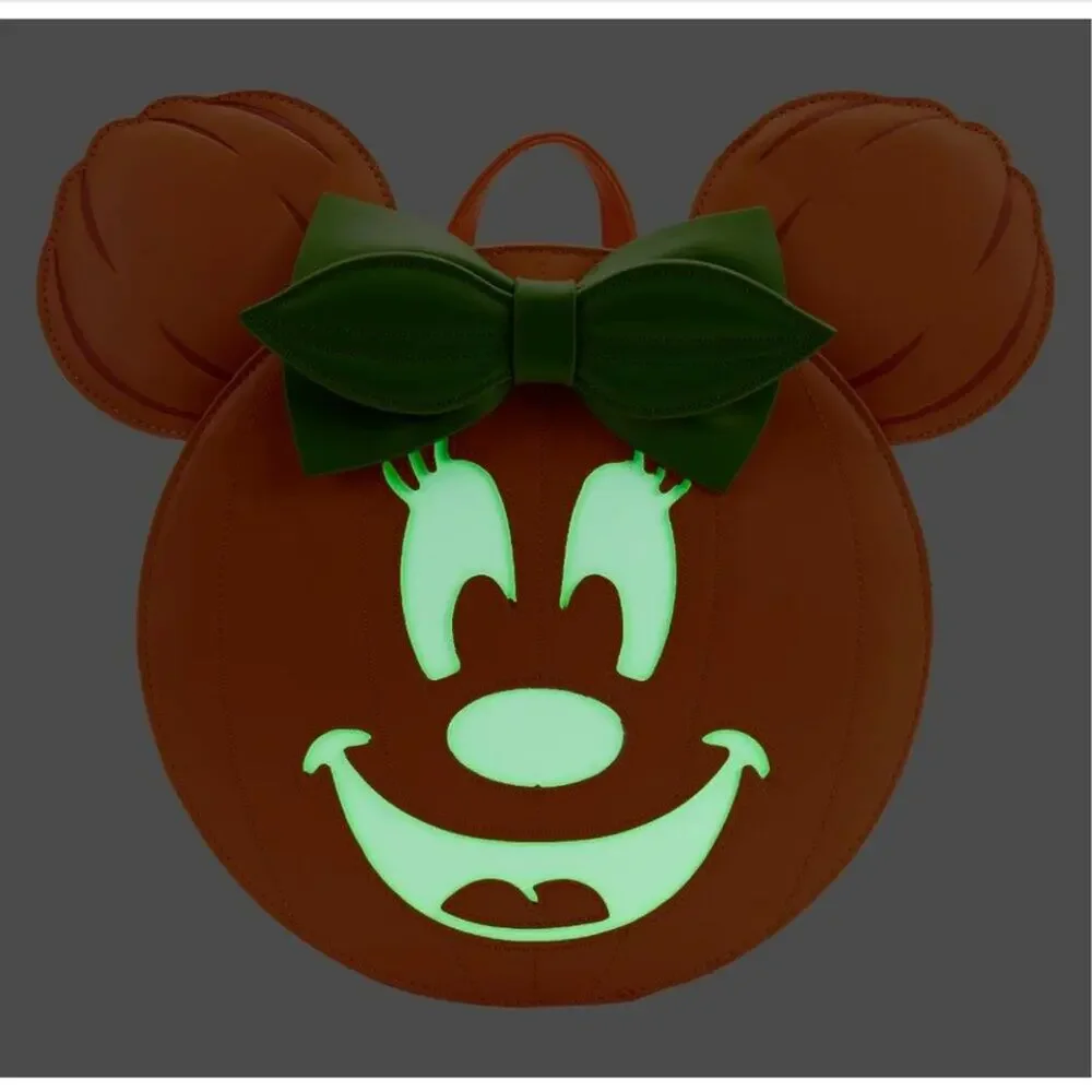 NWT Loungefly Disney GLOW FACE Minnie Pumpkin Backpack